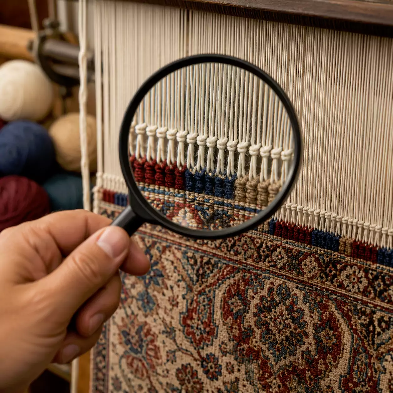 نمای نزدیک از گره‌های فرش ماشینی برای نمایش مفهوم شانه فرش و تفاوت تراکم بافت